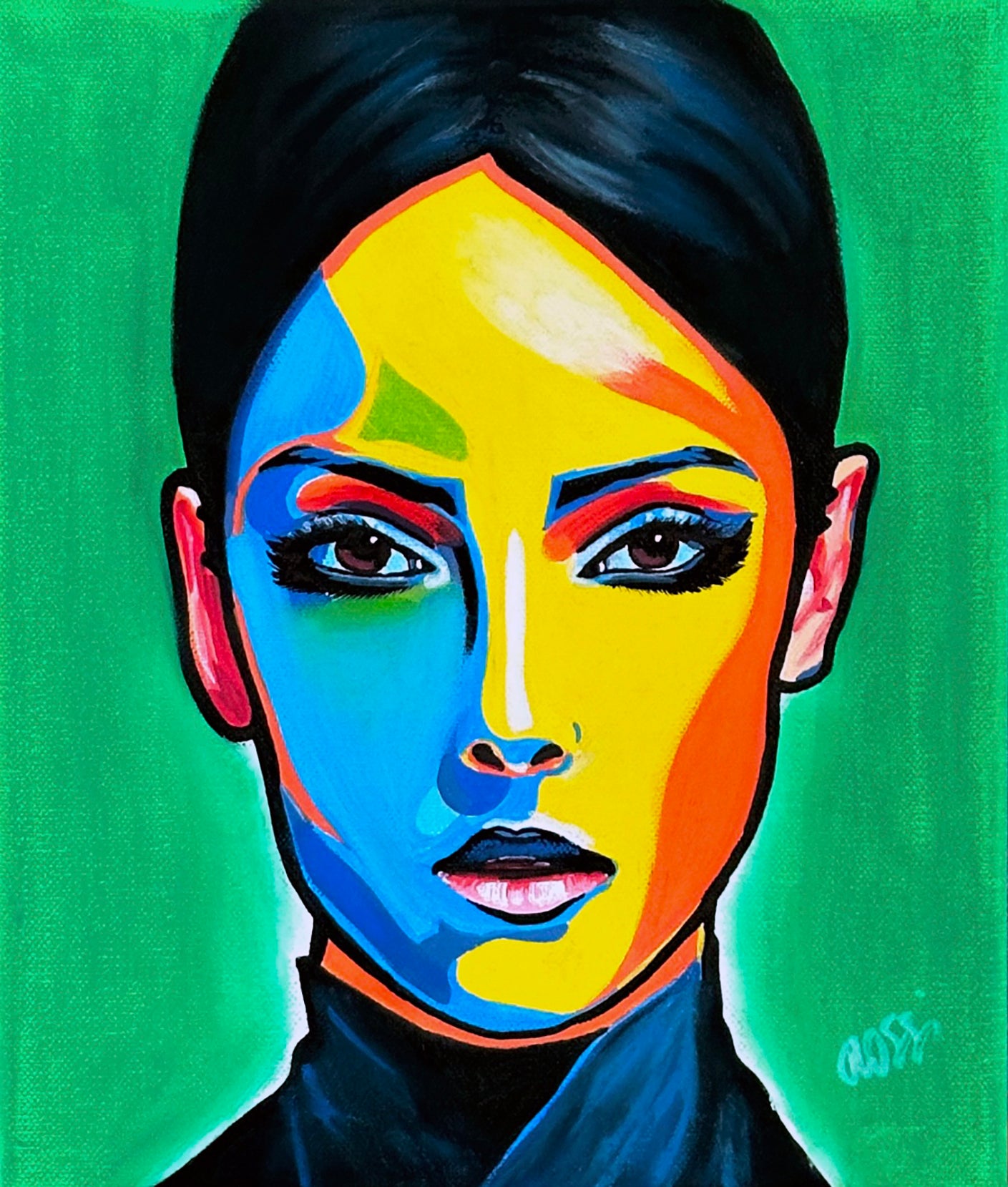 Bildtitel: „Frau farbenfroh 3.0“, Mischtechnik, Leinwand, Format: 25 x 30 cm, gerahmt.