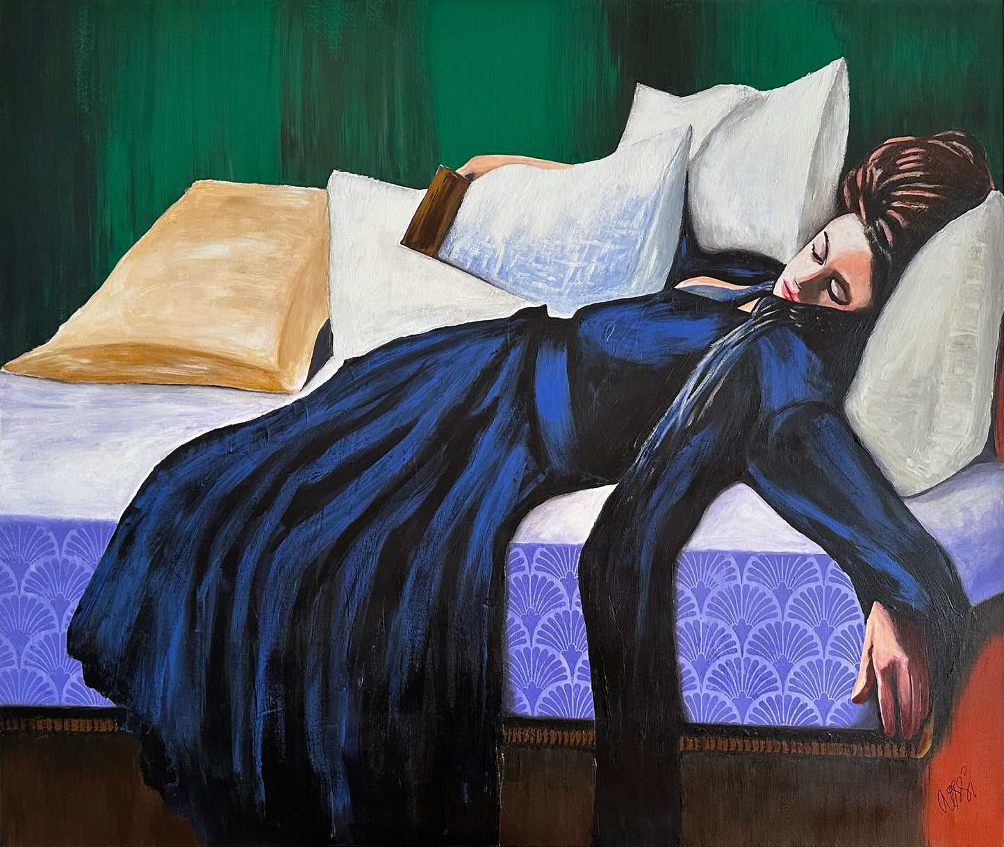 Bildtitel: „Frau mit Buch“, Acryl, Format: 120 × 100 cm, auf Leinwand, gerahmt.