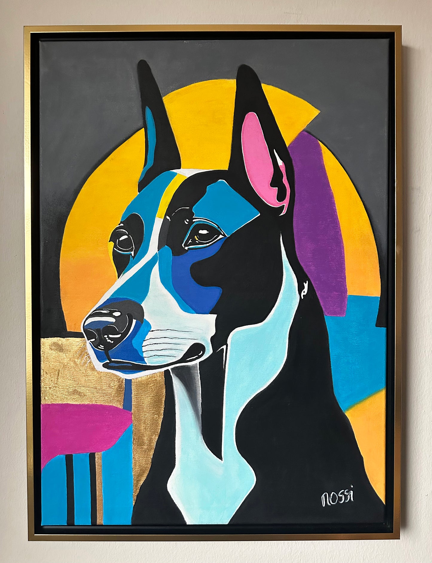 Bildtitel: „The Doberman“, Mischtechnik, 50 x 70 cm, auf Leinwand, gerahmt.