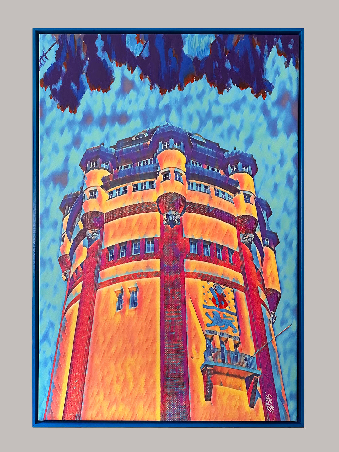 Kunstwerk: „Wasserturm Mönchengladbach“, Mixed-Media-Projekt, Format: 120 x 80 cm, auf Leinwand, gerahmt.