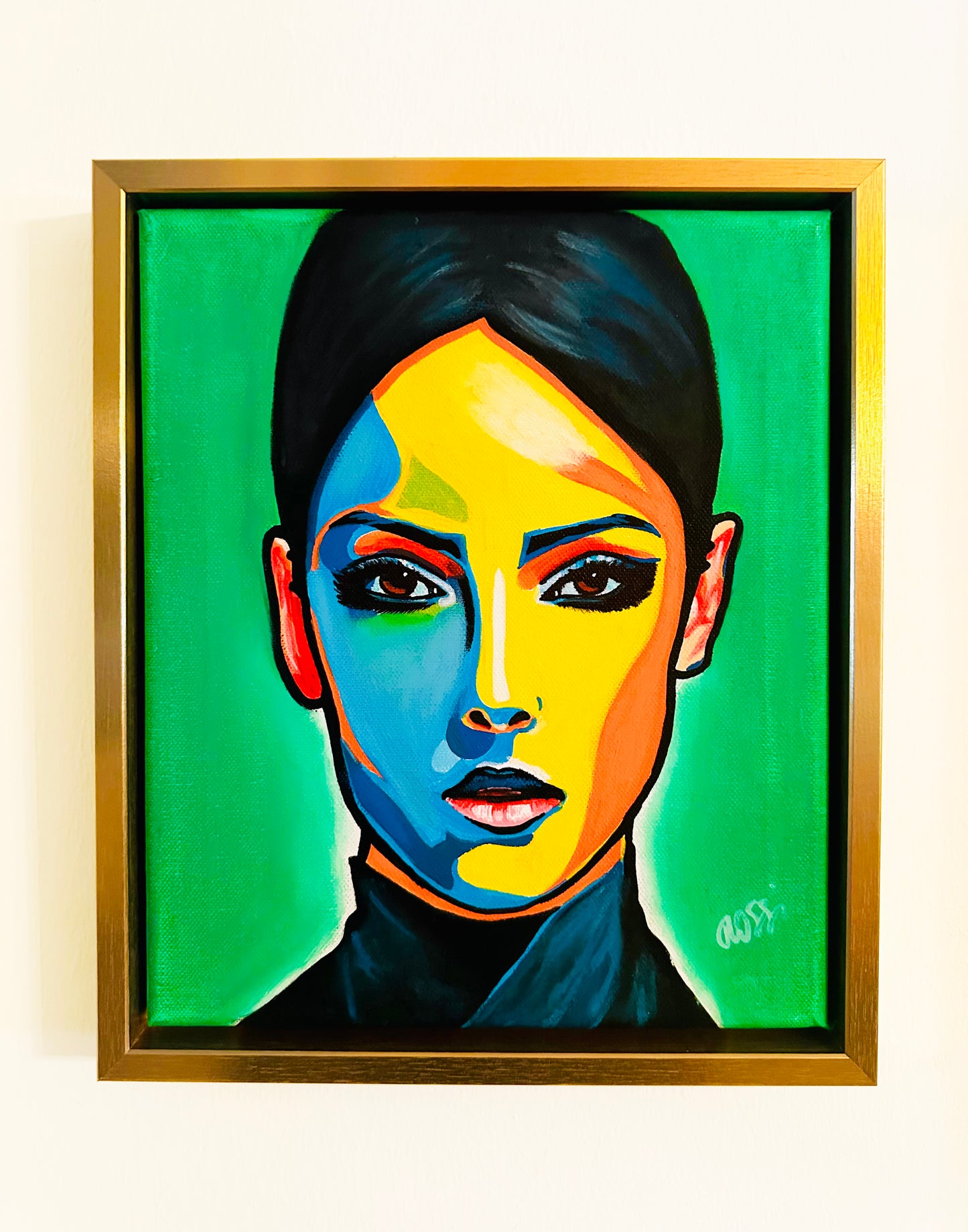 Bildtitel: „Frau farbenfroh 3.0“, Mischtechnik, Leinwand, Format: 25 x 30 cm, gerahmt.
