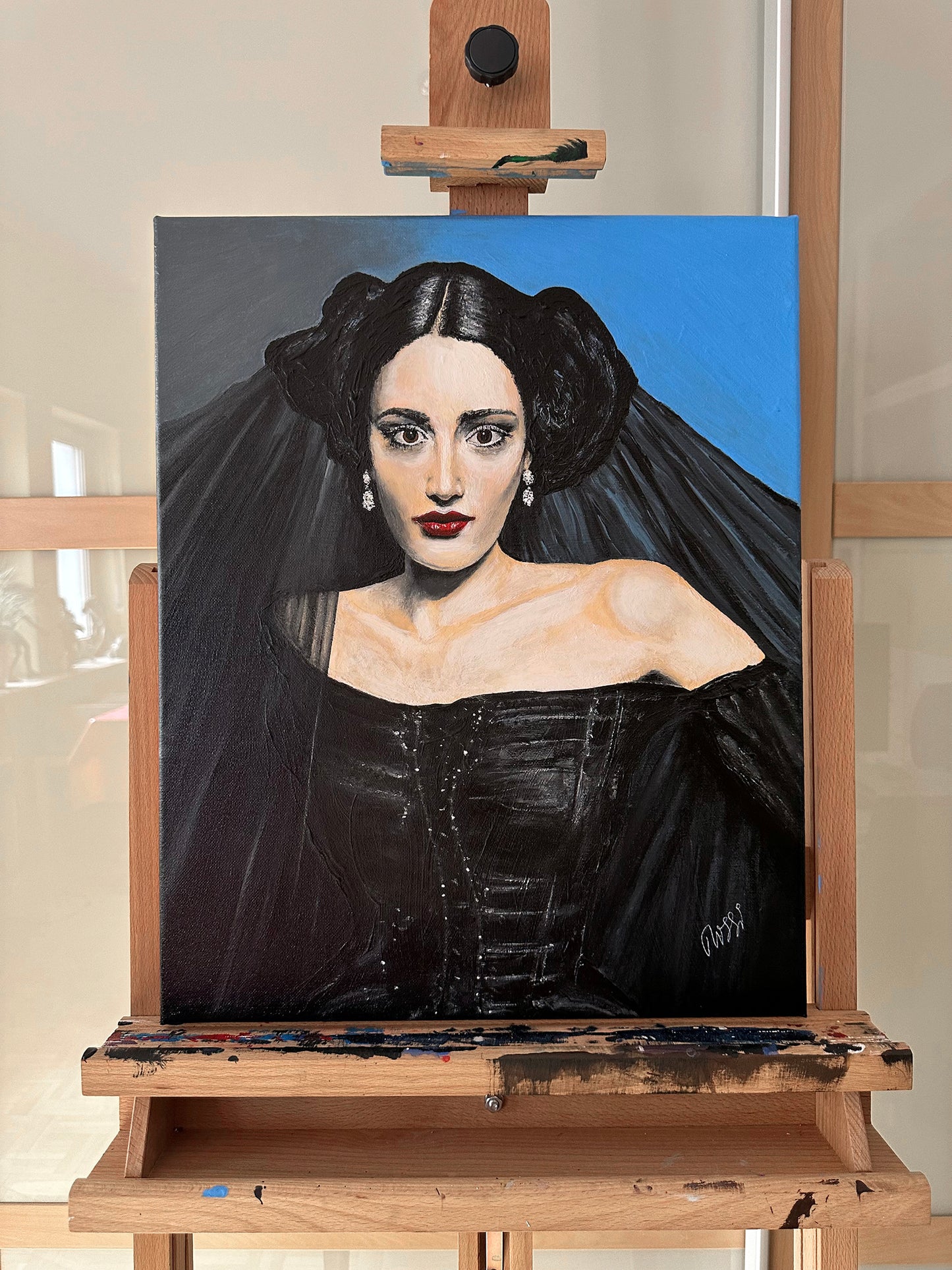 Bildtitel: „Madame Noir“, Acryl, Format: 40 × 50 cm, auf Leinwand, gerahmt.