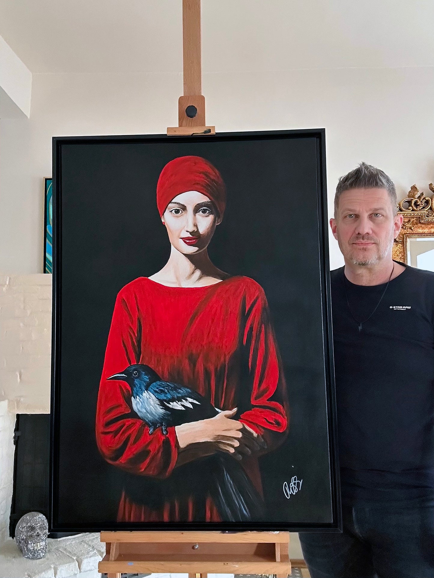 Bildtitel: „Frau mit Vogel“, Acryl, Format: 100 x 70 cm, auf Leinwand, gerahmt.