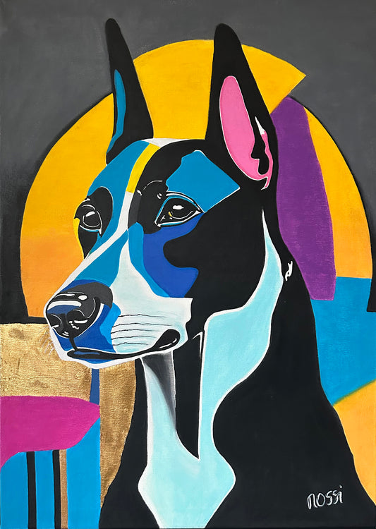 Bildtitel: „The Doberman“, Mischtechnik, 50 x 70 cm, auf Leinwand, gerahmt.