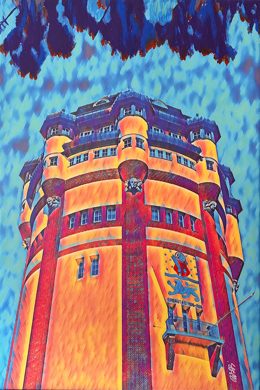 Kunstwerk: „Wasserturm Mönchengladbach“, Mixed-Media-Projekt, Format: 120 x 80 cm, auf Leinwand, gerahmt.
