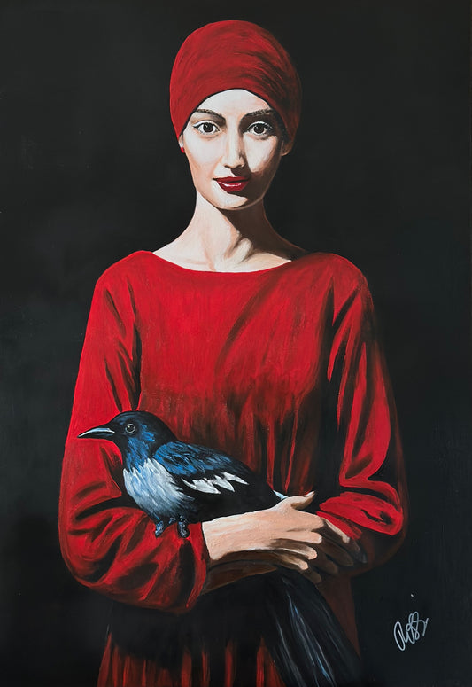 Bildtitel: „Frau mit Vogel“, Acryl, Format: 100 x 70 cm, auf Leinwand, gerahmt.