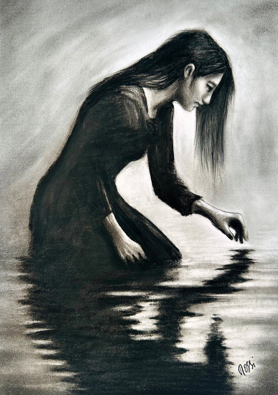 Bildtitel: „Jenseits von“, Kohlezeichnung, 21x29,7 cm, gerahmt