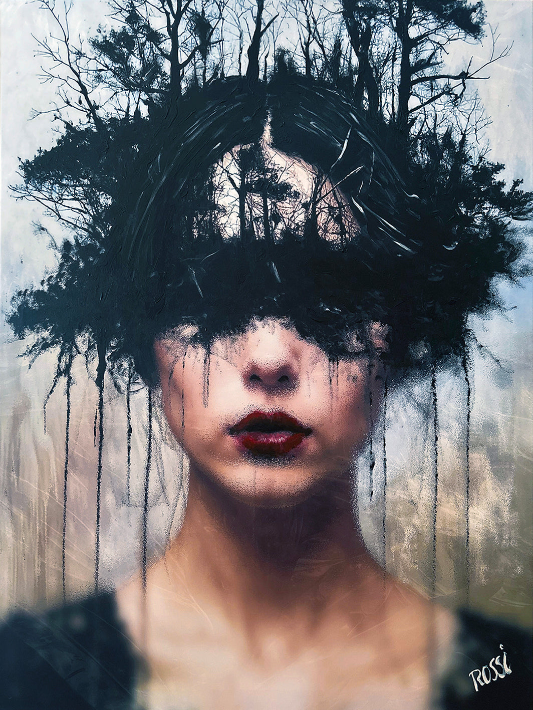Hybrid Art – „Lost in a forest 2.0 (acrylic)“, Acryl (handbemalt) & digi. komponiert, Leinwand, 90 x 120 cm, gerahmt.