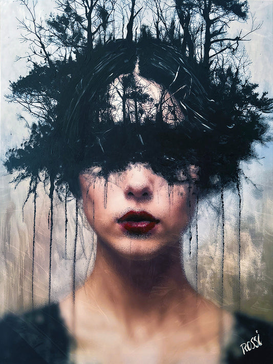 Hybrid Art – „Lost in a forest 2.0 (acrylic)“, Acryl (handbemalt) & digi. komponiert, Leinwand, 90 x 120 cm, gerahmt.