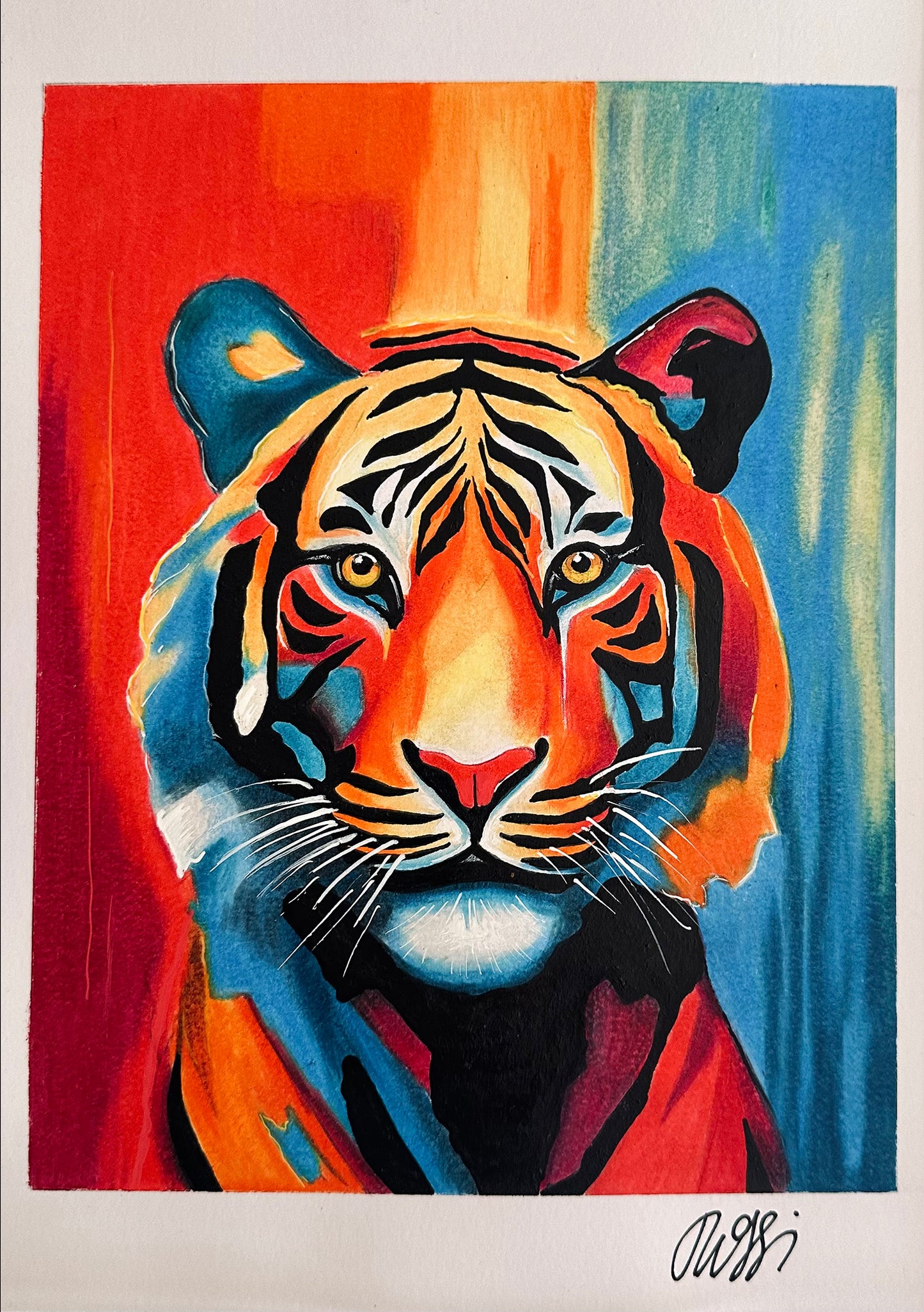 Bildtitel: „The Tiger“, Mischtechnik: Buntstifte, Acrylic Paint Marker, 21 x 30 cm