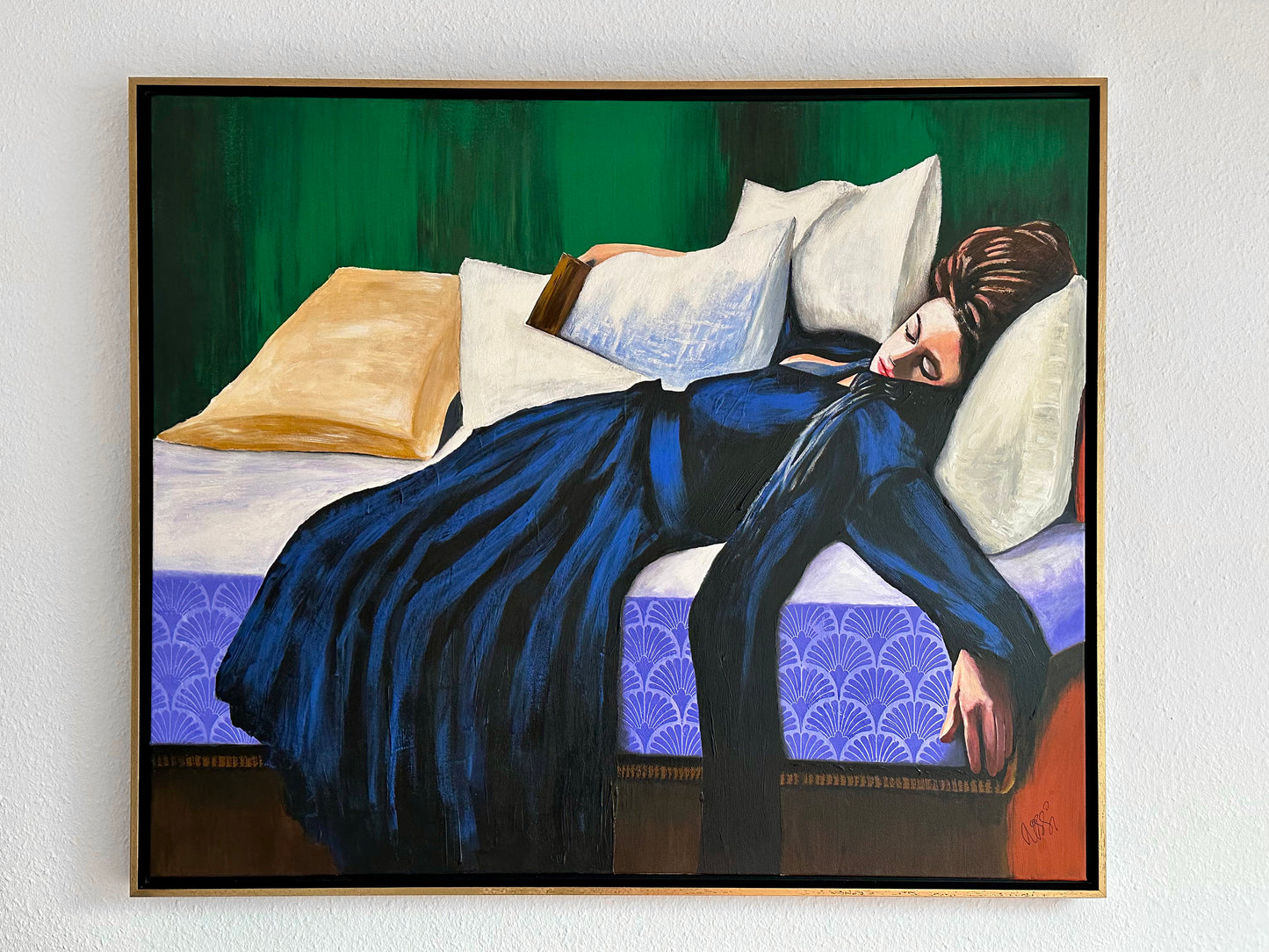 Bildtitel: „Frau mit Buch“, Acryl, Format: 120 × 100 cm, auf Leinwand, gerahmt.