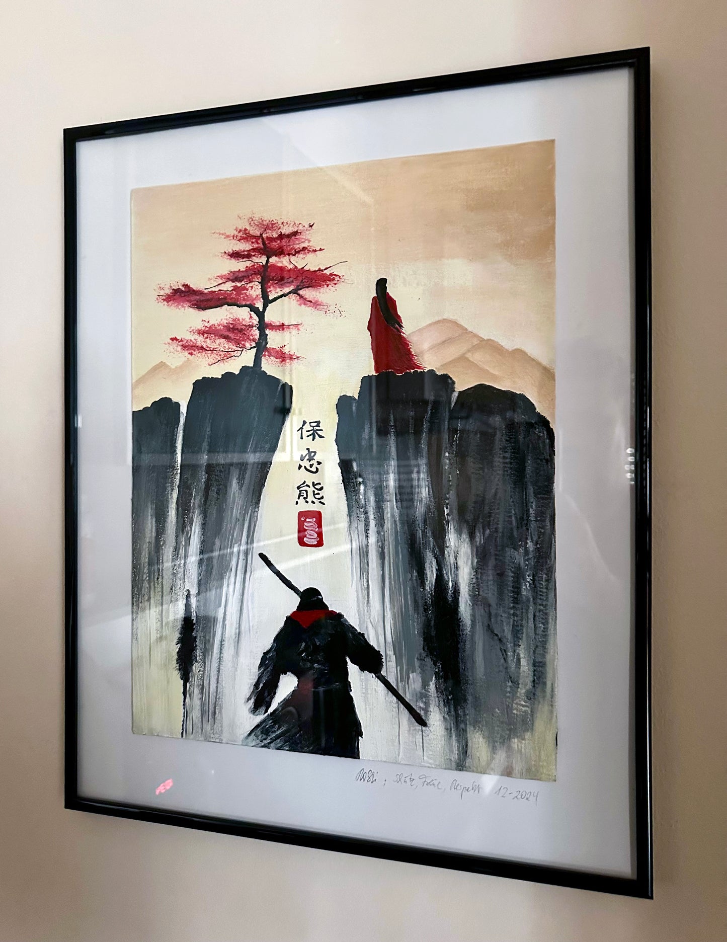 Bildtitel: „Schutz, Treue, Respekt“, Fingermalerei, Format: 40 x 50 cm, auf Leinwand, gerahmt.