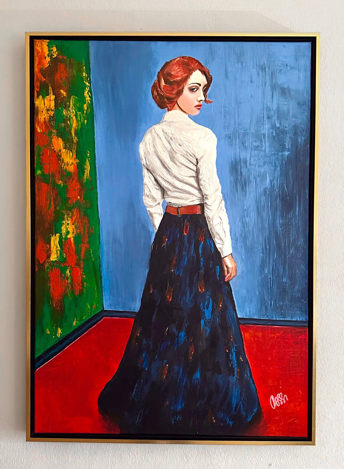 Bildtitel: „Frau im Raum“, Acryl, Format: 100 x 70 cm, auf Leinwand, gerahmt.