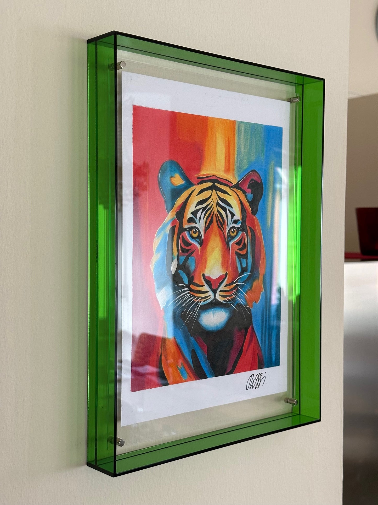 Bildtitel: „The Tiger“, Mischtechnik: Buntstifte, Acrylic Paint Marker, 21 x 30 cm