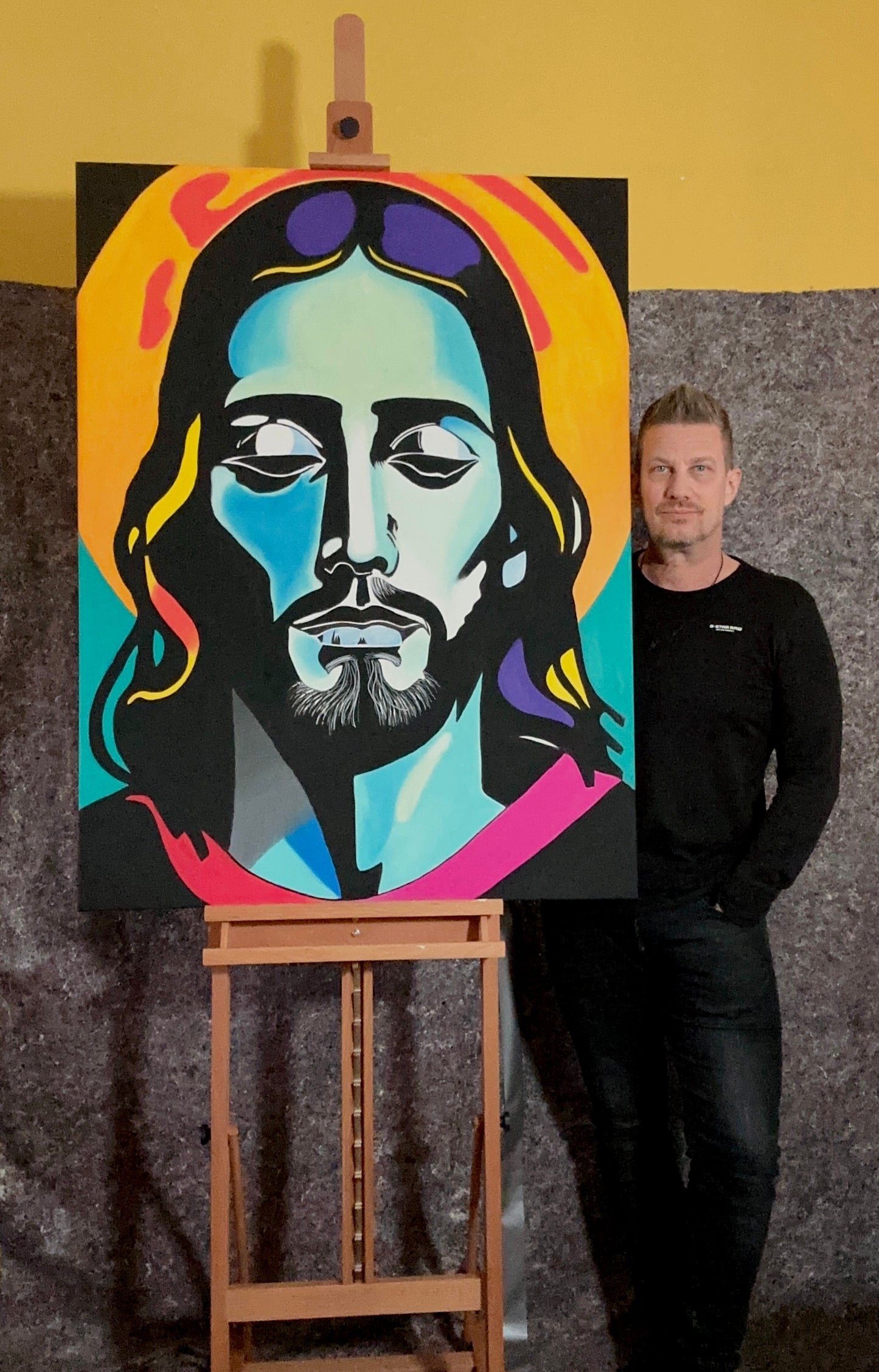 Bildtitel: „J-Day 1969“, Acryl & Ölpastell, Format 120 x 90 cm, auf Leinwand, gerahmt.